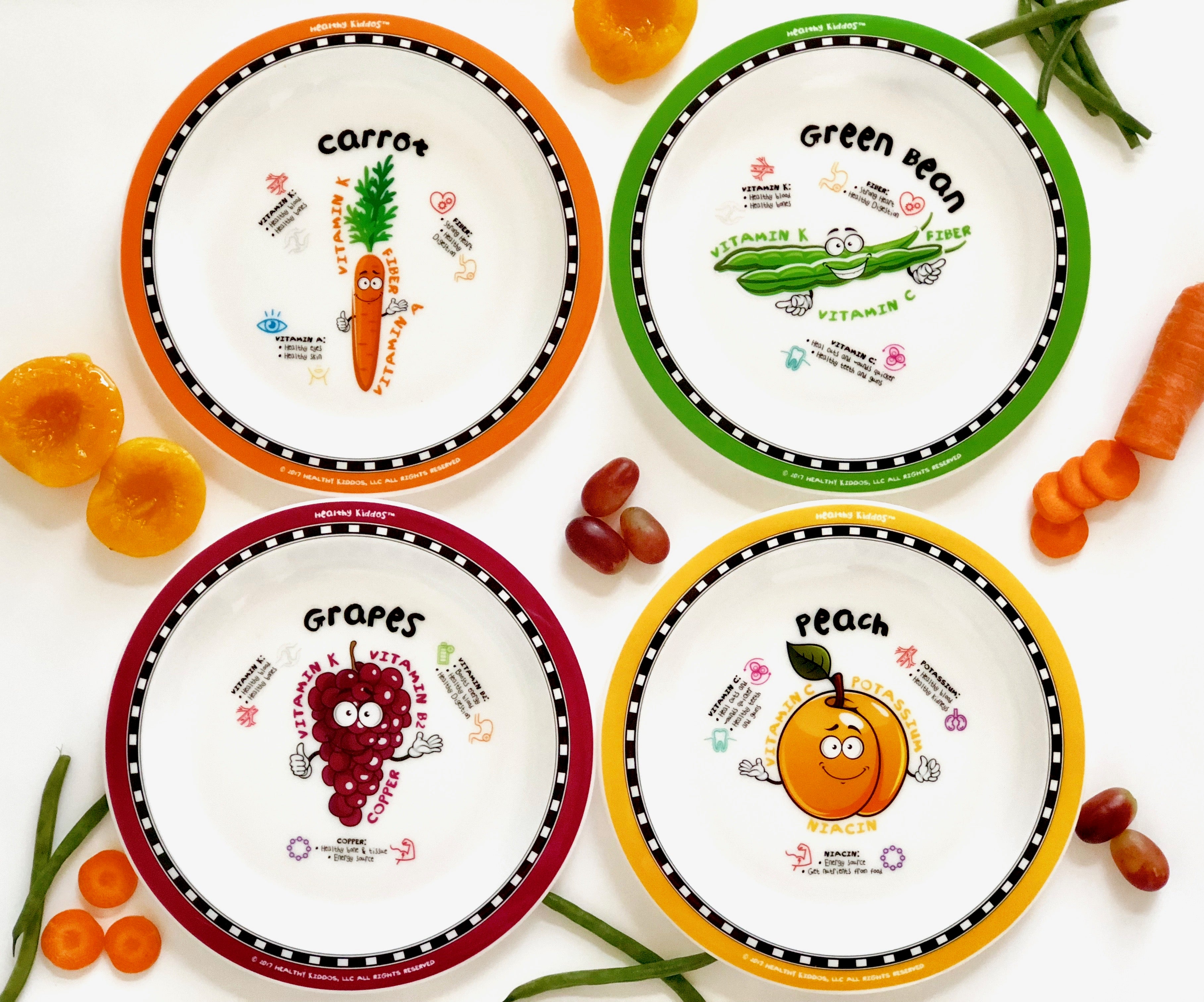 Healthy Kids Plates set 1 - carrot, great bean, grapes, and peach